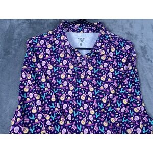 1764 Golf Polo Shirt Mens Large Purple Sugar Skull Guitar Piñata Festive Print